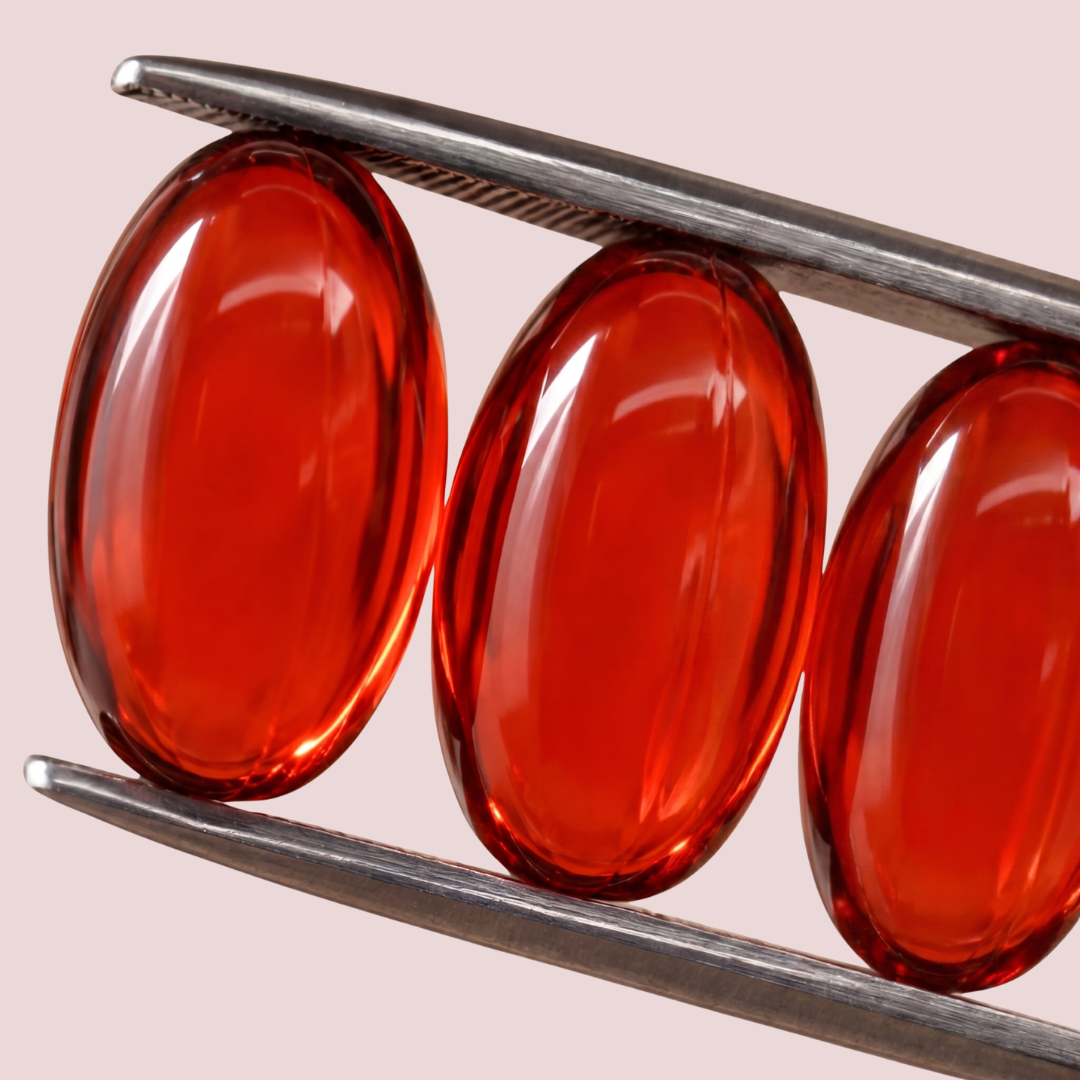 Three capsaicin softgels held by tweezers